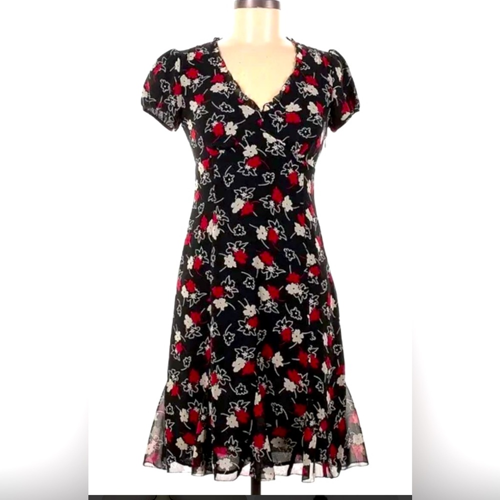 Loft Black Floral Dress with Red Belt